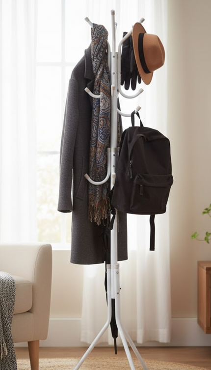 White Metal Coat Stand Garment Rack Jacket Umbrella Hanger 12 Hook Standing
