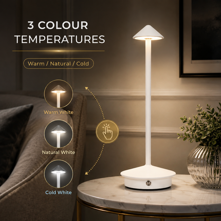 Cordless LED Table Lamp USB-C Rechargeable Dimmable Metal Light 3 Colour Modes