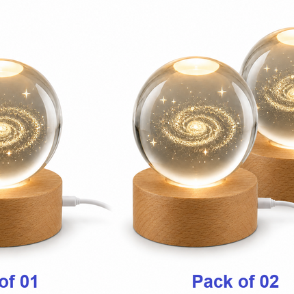 3D Engraved Galaxy Crystal Ball Night Light 6cm USB Wooden Base Warm White + RGB
