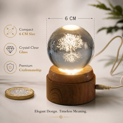 Tree of Life Crystal Ball 6cm LED Night Light Rotating Base USB Warm White + RGB