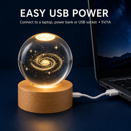 3D Engraved Galaxy Crystal Ball Night Light 6cm USB Wooden Base Warm White + RGB