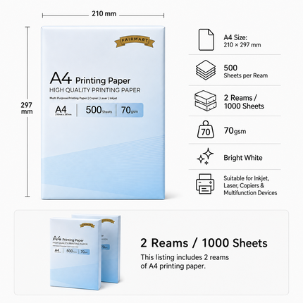 A4 Printer Paper 70gsm 1000 Sheets White 2 Ream Multipurpose Inkjet Laser Copier