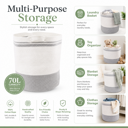 Laundry Hamper Basket 70L Cotton Rope Washing Storage Organizer for Clothes