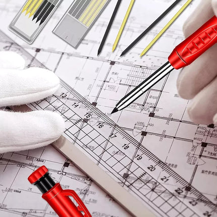 Carpenter Pencil Set + 6 Refills Deep Hole Mechanical Construction Tool Leads
