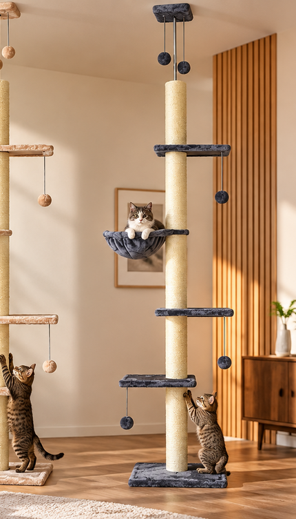 Floor to Ceiling Cat Tree 252cm Multi Level Sisal Scratching Post Hammock Toy