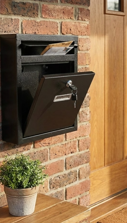LARGE LETTER BOX POST WITH KEYS MAIL BOX WALL MOUNTED BLACK LOCKABLE POST BOX