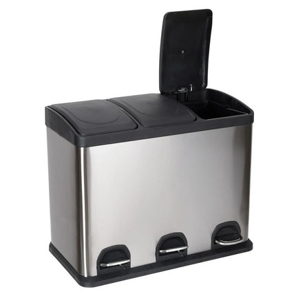 45L Triple Compartment Pedal Bin Stainless Steel Kitchen Waste Recycling 3x15L