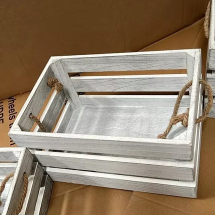 Wooden Storage Crates Set of 3 Bushel Box With Rope Handles Grey Vintage Basket