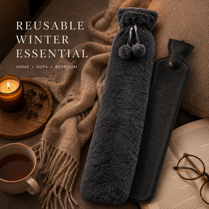 Extra Long 2.2L Hot Water Bottle Soft Fleece Cover Body Pain Relief Dark Grey