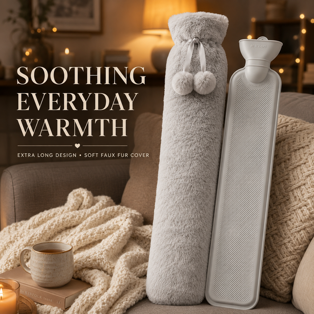 Extra Long 2.2L Hot Water Bottle Soft Fleece Cover Body Pain Relief Light Grey