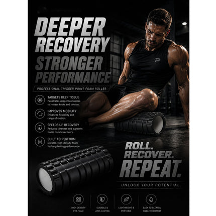 Foam Fitness Roller Black Deep Tissue Massage Grid Muscle Trigger Point Muscles