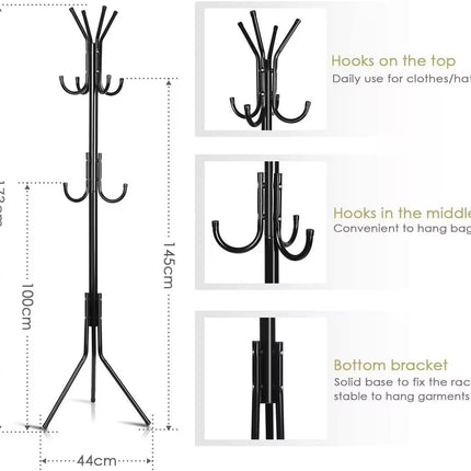 12-Hook Metal Coat Rack Stand Tree for Hats, Clothes, Umbrellas & Accessories