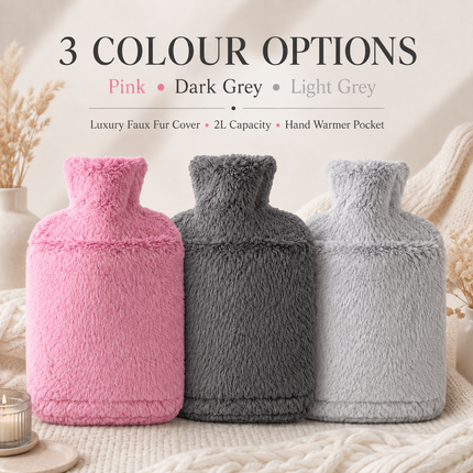 Hot Water Bottle Faux Fur Cover 2L Soft Leakproof Heat Bag Winter Warmer