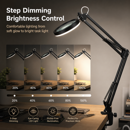 3X Magnifying Desk Lamp LED Light Dimmable 3 Light Colour Step Dimming Swing Arm