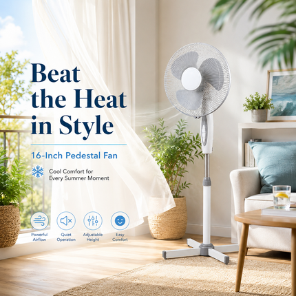 16” Fan Pedestal Oscillating Adjustable Height 3 Speed Powerful Airflow