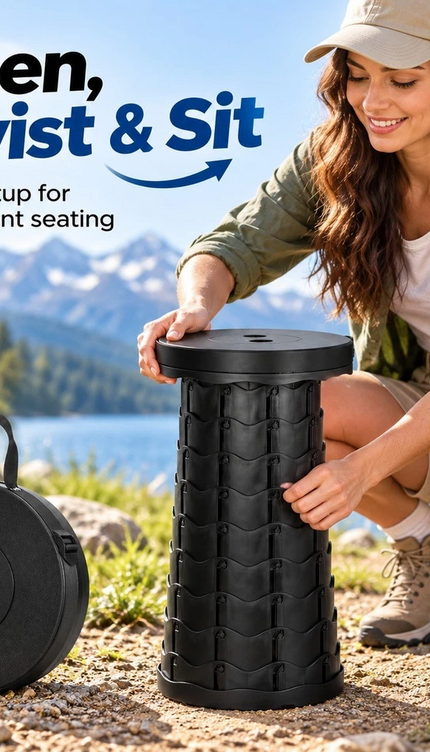 Portable Telescopic Seat 250KG Retractable Folding Stool 45cm Camping-Black