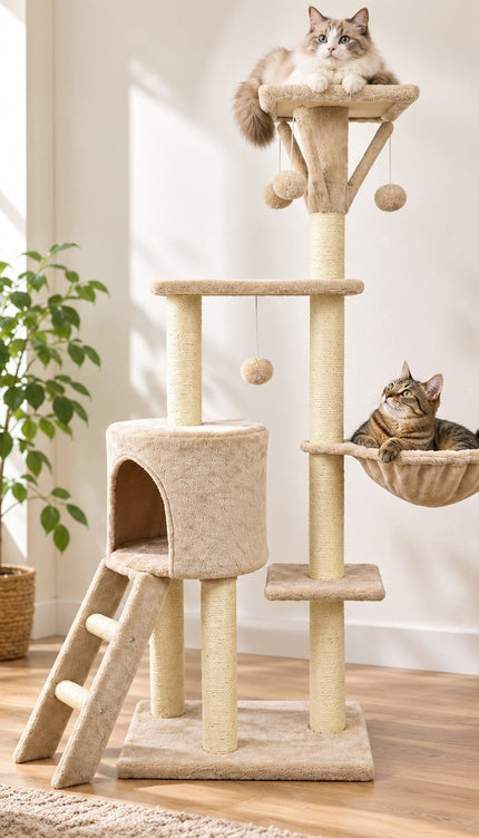 Multi Level Cat Tree 145cm Sisal Scratching Post Hammock Condo Climbing Tower