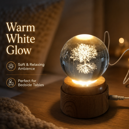 Tree of Life Crystal Ball 6cm LED Night Light Rotating Base USB Warm White + RGB