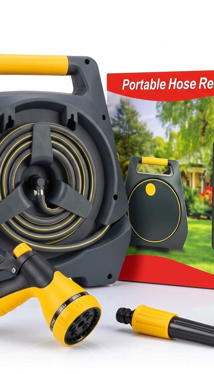 15M Portable Garden Hose Reel Set Wall Mount 8 Function Spray Gun Nozzle Pipe