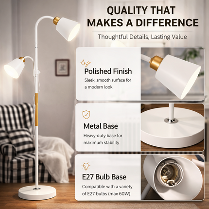 White Dual Head Floor Lamp E27 Rotating Adjustable Standing Light Home Office