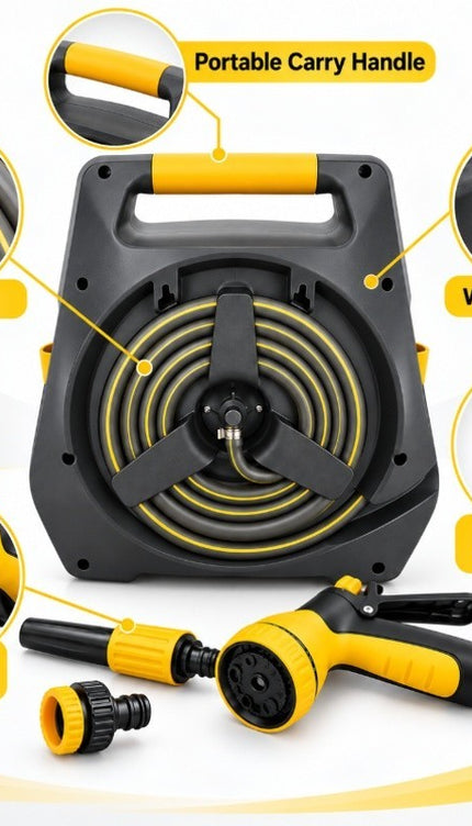 15M Portable Garden Hose Reel Set Wall Mount 8 Function Spray Gun Nozzle Pipe