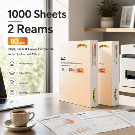 A4 Printer Paper White 80gsm 2 Reams 1000 Sheets Inkjet Laser Copier