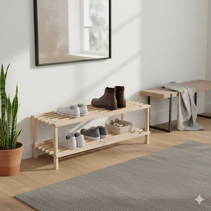 2 Tier Shoe Rack Organiser Natural Slatted Wood Footwear Stand Storage Shelf