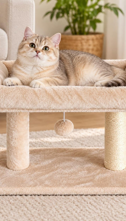 Cat Tree Scratching Post Activity Centre Plush Bed Hanging Ball Beige 50x30x41cm