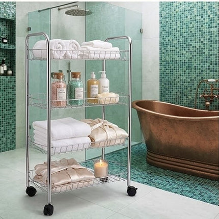 4 Tier  Vegetable & Fruit Trolley Basket Chrome Kitchen Storage Rack With Wheels