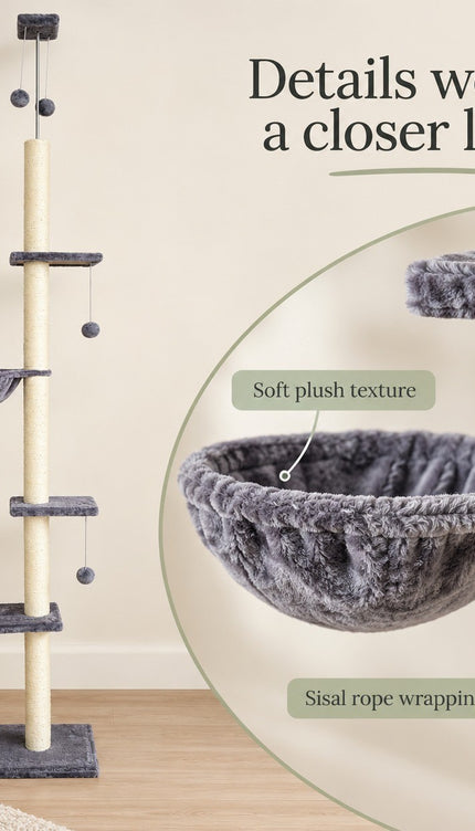 Floor to Ceiling Cat Tree 252cm Multi Level Sisal Scratching Post Hammock Toy