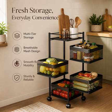 Storage Rack 5 Tier Rotating Kitchen Vegetable Trolley Cart Organizer Shelf