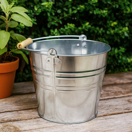 TRADITIONAL GALVANISED STRONG STEEL METAL BUCKET WITH WOODEN HANDLE 9L To 18L