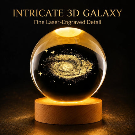 3D Engraved Galaxy Crystal Ball Night Light 6cm USB Wooden Base Warm White + RGB