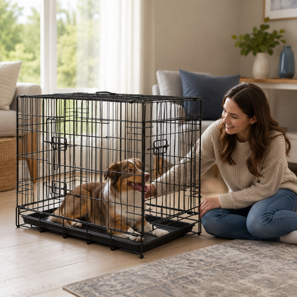 Pet Cage With Tray 48 Inch Heavy Duty Metal Cat Dog Crate Kennel