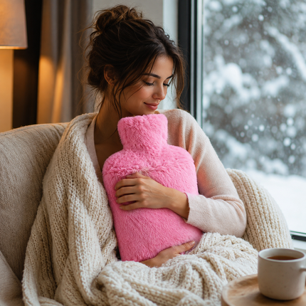2L Hot Water Bottle with Soft Faux Fur Cover Leakproof Winter Warmer – Pink