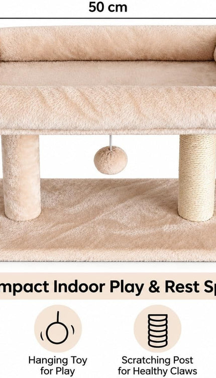 Cat Tree Scratching Post Activity Centre Plush Bed Hanging Ball Beige 50x30x41cm
