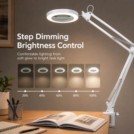 3X Magnifying Desk Lamp LED Light Dimmable 3 Light Colour Step Dimming Swing Arm