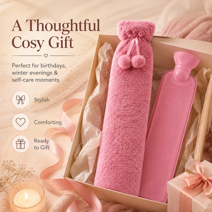 Extra Long 2.2L Hot Water Bottle Soft Fleece Cover Neck Back Pain Relief - Pink