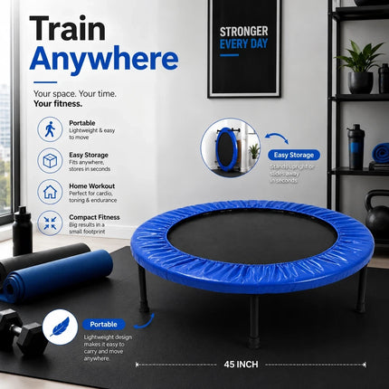 Mini Fitness Trampoline Blue Cardio Workout Exercise Portable Rebounder 45 Inch