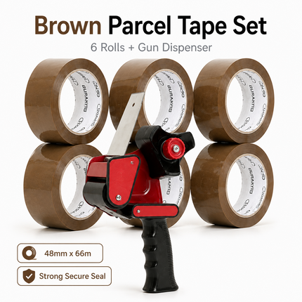 Tape Gun Dispenser with 6 Brown or Clear Packing Tape Rolls 48mm x 66m