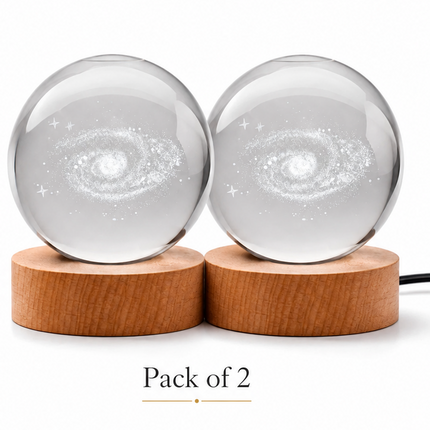 Galaxy Crystal Ball Night Light 8cm 3D Engraved - Wooden Base Warm White + RGB