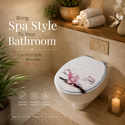 Universal Toilet Seat Wooden Orchid Design Bathroom WC Seat with Fittings 18''