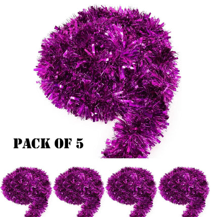 Pack of 5 Chunky Fluffy Tinsel Christmas Tree Decoration, Magenta Purple 2 Metre