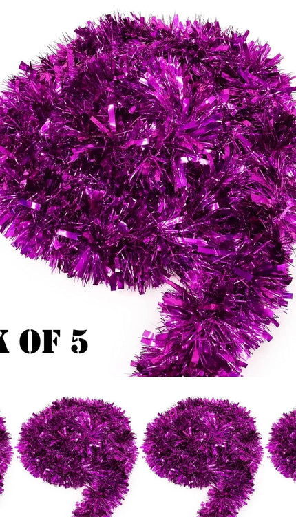 Pack of 5 Chunky Fluffy Tinsel Christmas Tree Decoration, Magenta Purple 2 Metre