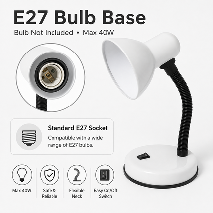 Study Desk Lamp Flexible Neck E27 40W Simple Design for Study Work Room Home