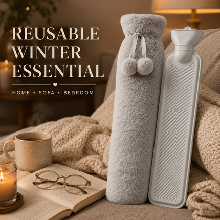 Extra Long 2.2L Hot Water Bottle Soft Fleece Cover Body Pain Relief Light Grey
