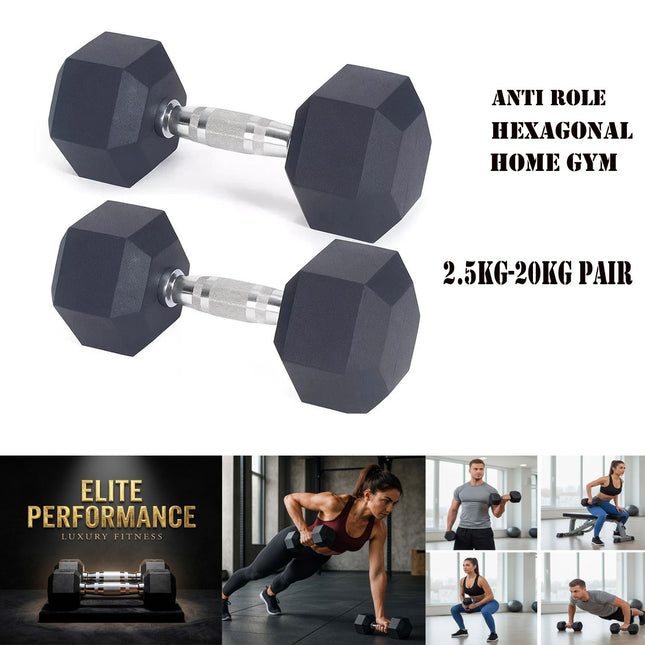 Hex Dumbbells Set 2.5kg-20kg Pair Rubber Encased Hexagonal Weight Lifting Gym