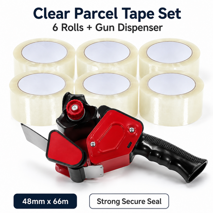Tape Gun Dispenser with 6 Brown or Clear Packing Tape Rolls 48mm x 66m