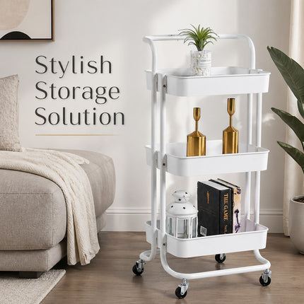 3-Tier White Metal Rolling Cart