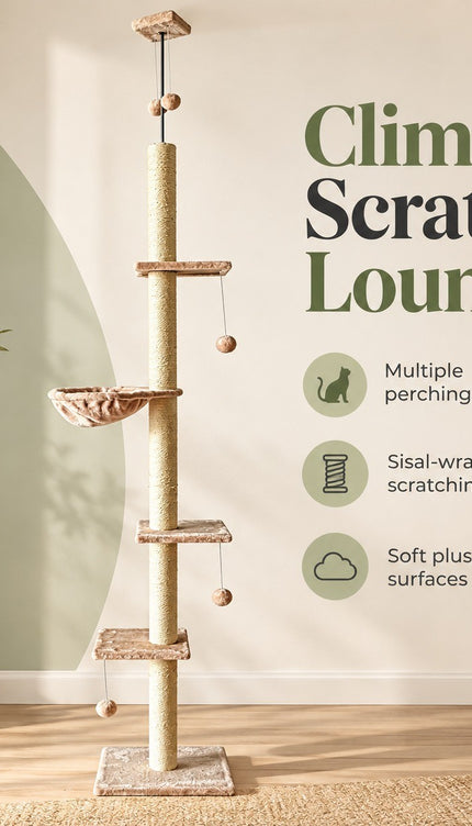 Floor to Ceiling Cat Tree 252cm Multi Level Sisal Scratching Post Hammock Toy
